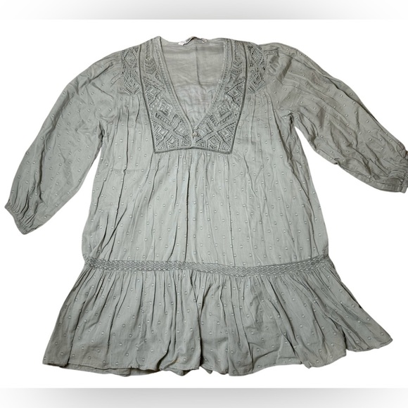 Zara Sage Green Embroidered Boho Babydoll Mini Dress Size Small - Picture 5 of 8